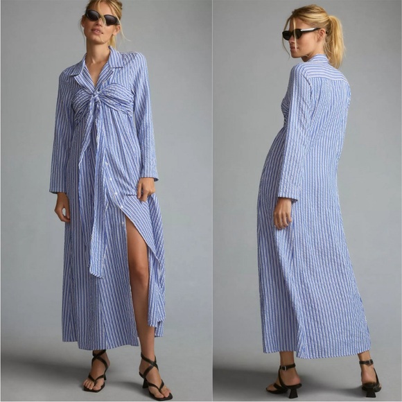 Anthropologie Dresses & Skirts - Porridge Tie-Front Shirt Dress Size Small Maxi Blue Stripped Button Front Pocket
